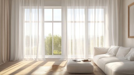Fototapeta premium Serene interior with soft sunlight illuminating sheer white curtains and a cozy living space inviting a tranquil atmosphere