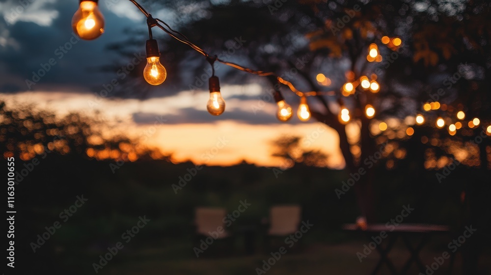 Poster twilight safari camp enhanced by glowing string lights creating a warm and inviting atmosphere in th