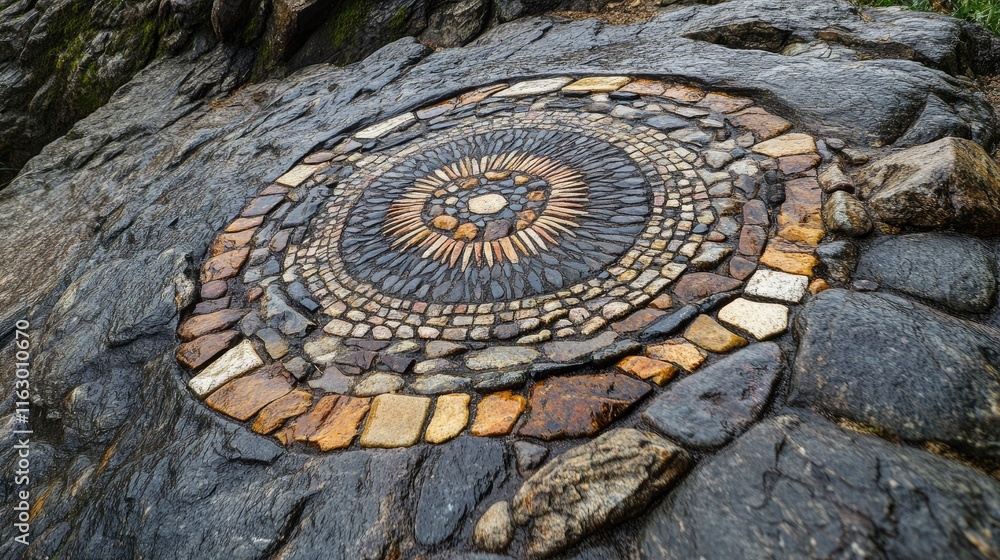 Poster intricate circular mosaic pattern embedded in natural rock surface