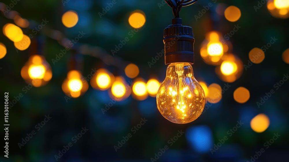 Poster warmly glowing string lights enhancing outdoor evening atmosphere with soft bokeh background