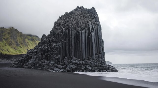Majestic black rock formation rising from sandy beach under overcast sky creating a dramatic coastal landscape scene - Powered by Adobe