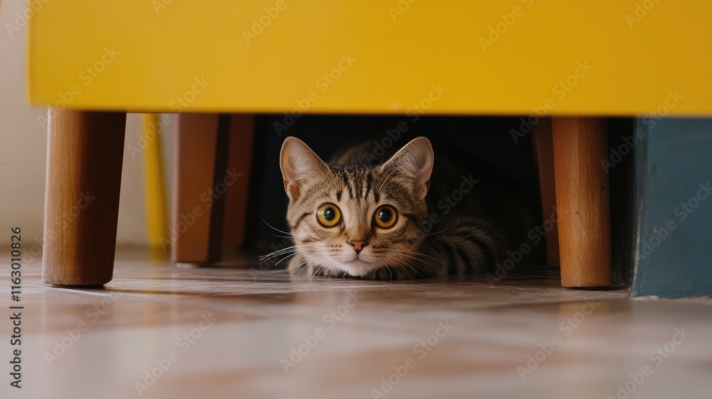 Poster curious striped cat peeking from under a table showcasing playful and amusing feline behavior in a c
