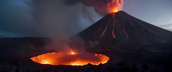 A breathtaking view of a volcano erupting with robots monitoring the situation