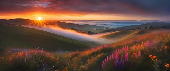 A breathtaking landscape painting of rolling hills under a vibrant sunset with wildflowers in the foreground