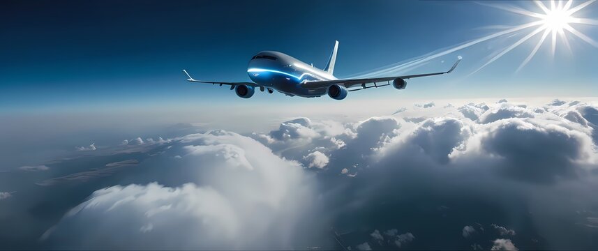 A breathtaking perspective of airplanes emerging from dense rolling clouds against a bright blue sky