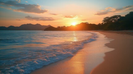 Obraz premium Waves gently lap at the shore during a serene sunset at a coastal beach