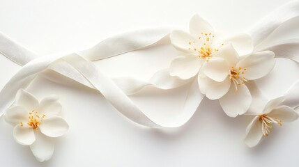 Obraz premium Delicate white blossoms arranged with elegant satin ribbon