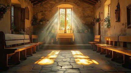 Fototapeta premium Sunlit Stone Chapel Interior With Wooden Benches