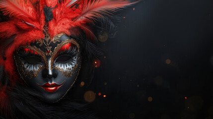 black banner with black carnival mask and red feathers. mockup with space for text