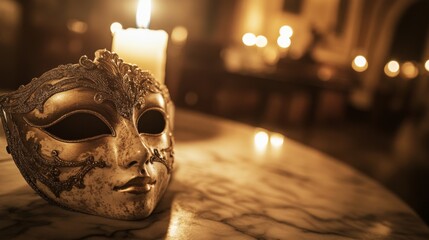 close-up of a delicate Venetian mask resting on a marble table