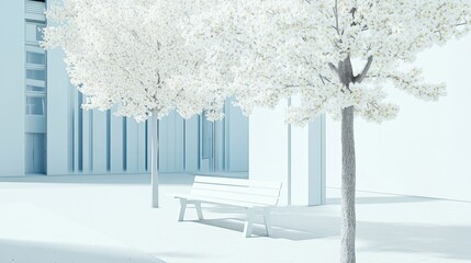 Serene white landscape with trees and bench.