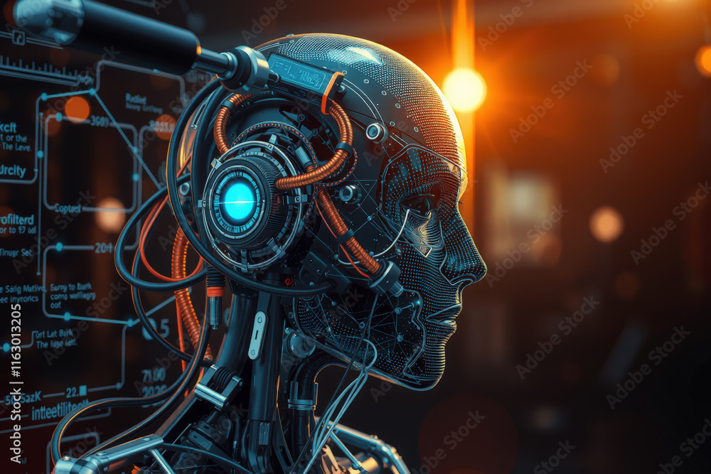 Poster futuristic humanoid robot with intricate circuitry and glowing elements stands in dimly lit environment, showcasing advanced technology and innovation