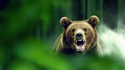 Fototapeta premium An intimidating brown bear with an open mouth, as it stands amidst lush greenery, portraying a strong sense of wildness and natural majesty in the forest.