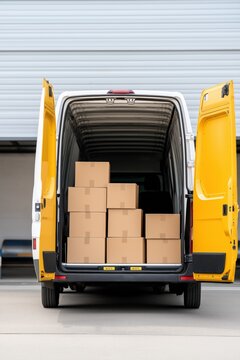 A yellow van is filled with boxes and is parked in a lot. The van is open, revealing the boxes stacked inside. Concept of organization and efficiency, as the boxes are neatly arranged