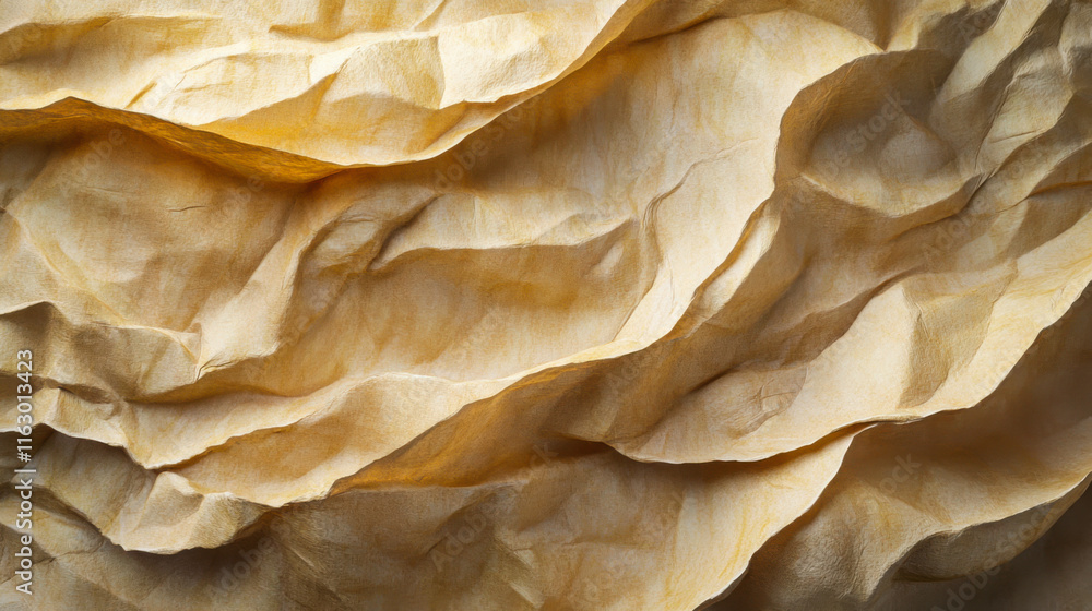 Poster textured paper with intricate folds and warm tones showcased in a close-up setting
