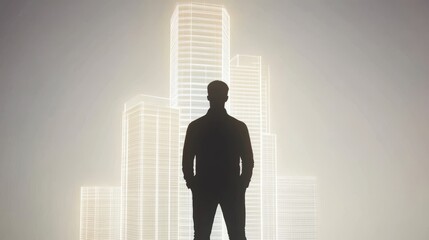 Fototapeta premium Silhouette of a person against modern buildings.
