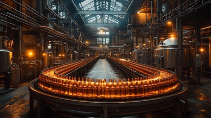 Amber Bottles Moving On A Conveyor Belt In A Factory