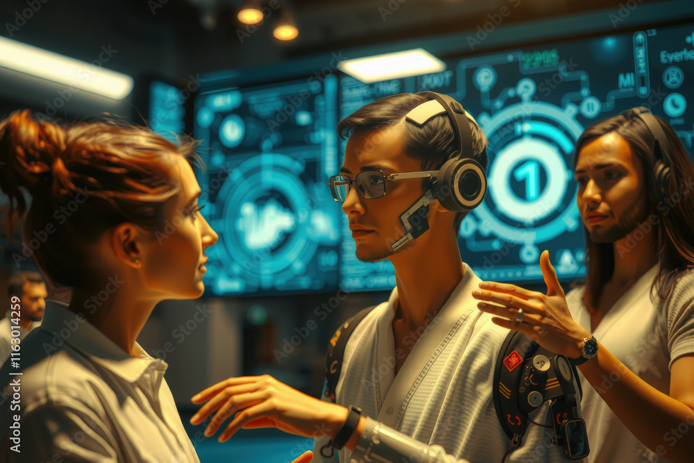 Aufkleber team of engineers collaborates with humanoid robot in futuristic control room, surrounded by digital