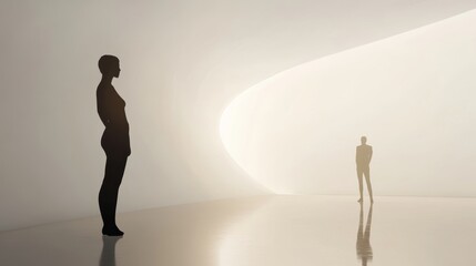 Silhouetted figures in a serene, minimal space.