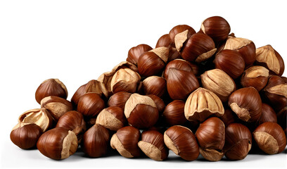 Raw hazelnuts in rich brown tones piled together from natural harvest