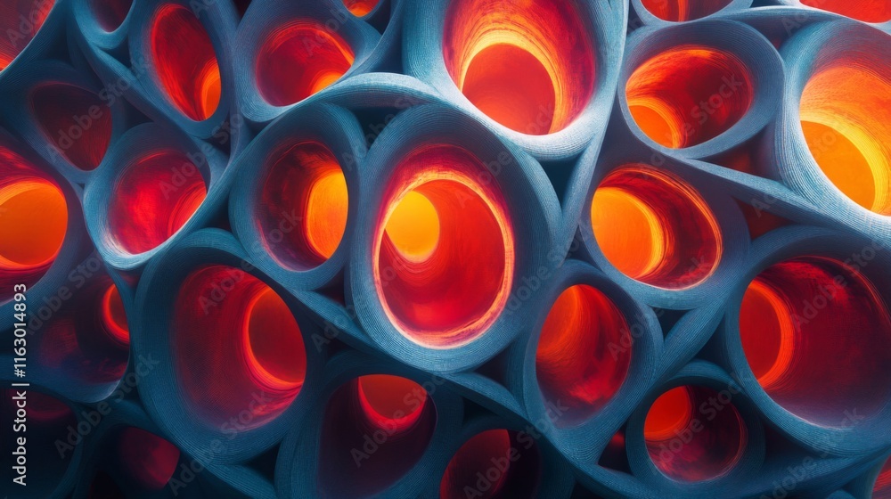 Poster abstract interconnected cylindrical forms illuminated with warm light