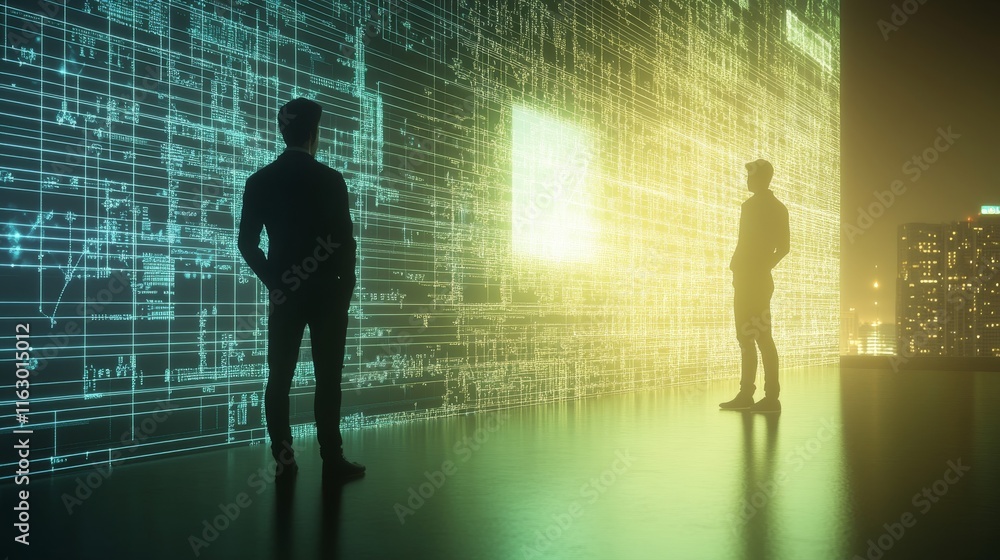 Poster silhouettes analyzing digital data projections.