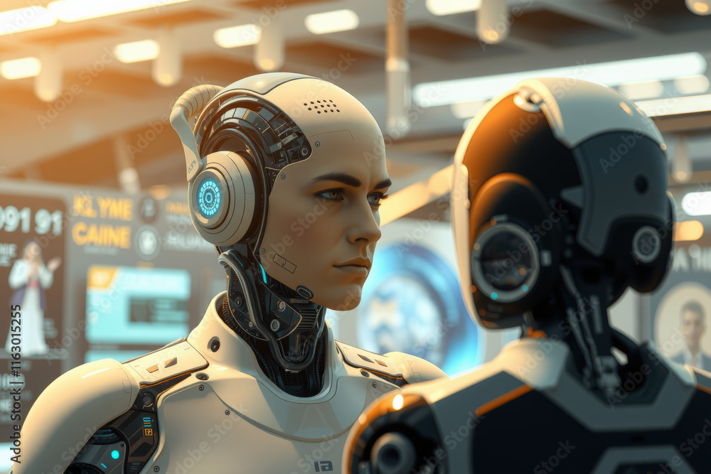 Aufkleber two humanoid robots engage focused interaction within futuristic setting, showcasing advanced techno