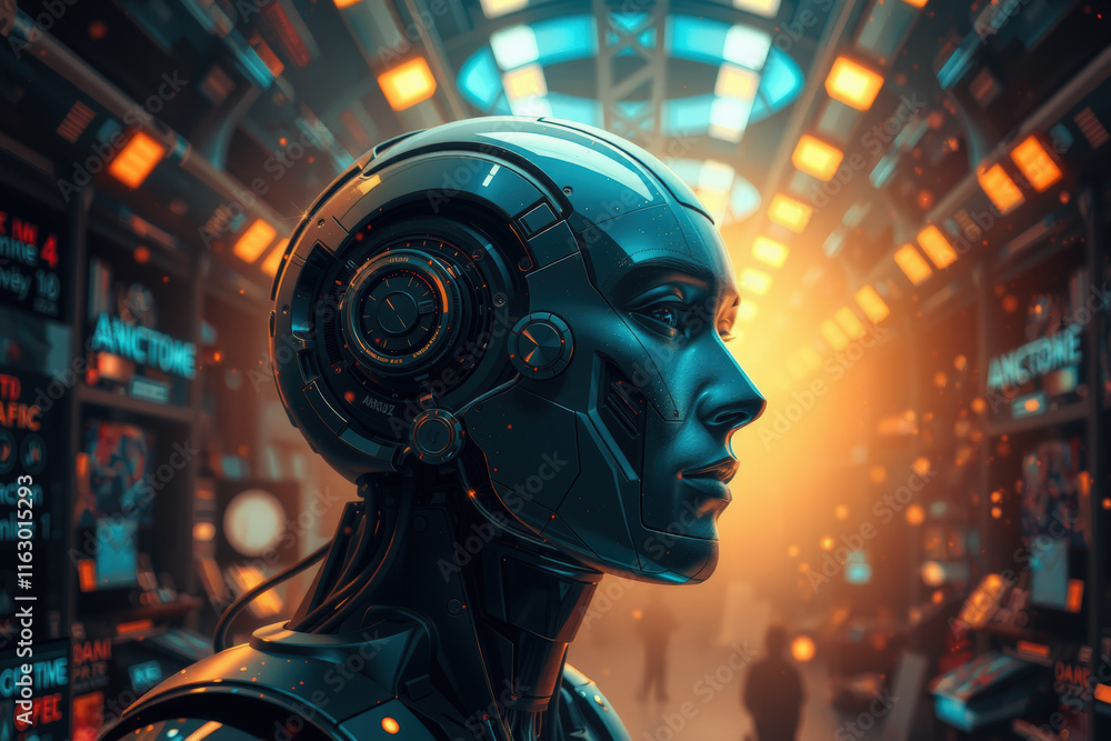 Poster futuristic humanoid robot with intricate mechanical details stands in high tech environment, illumin