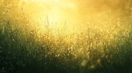 Golden Sunrise Illuminates Misty Grassland Field