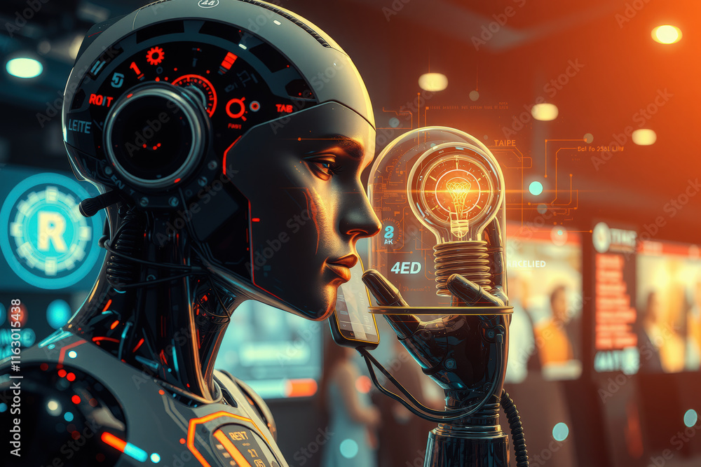 Poster futuristic robot with glowing interfaces holds light bulb, symbolizing innovation and artificial int