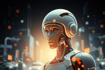 futuristic robot with sleek design stands in glowing cityscape, surrounded by digital elements, showcasing advanced technology and artificial intelligence