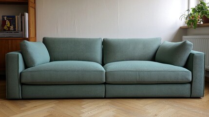 A modern teal sofa in a cozy living room setting.