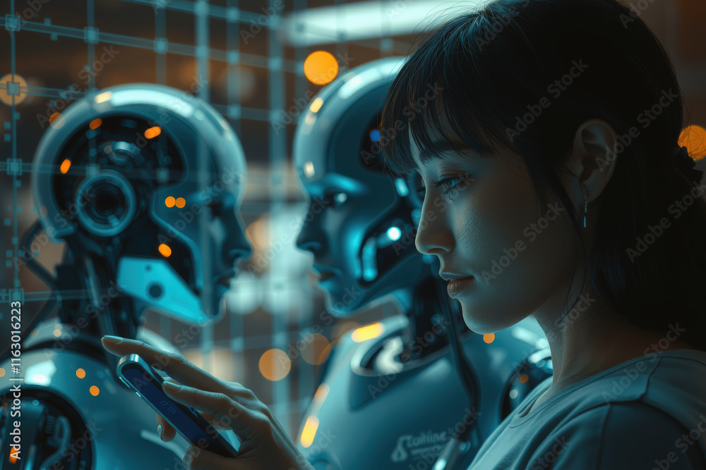 Poster woman interacts with futuristic robots in high tech environment, showcasing advanced technology and 
