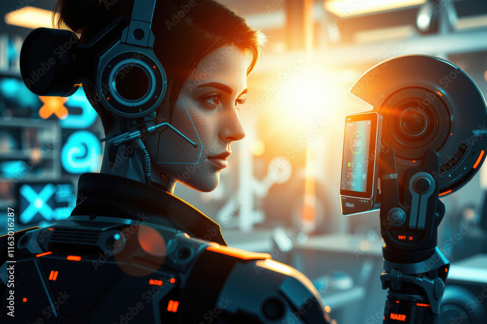 Aufkleber futuristic female android with advanced technology stands in high tech lab, illuminated by warm ligh
