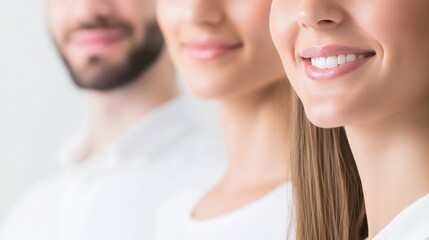 Fototapeta premium Smiling faces of diverse individuals in white attire.