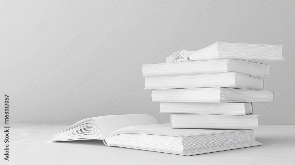 Poster stack of white books on a minimalistic background.