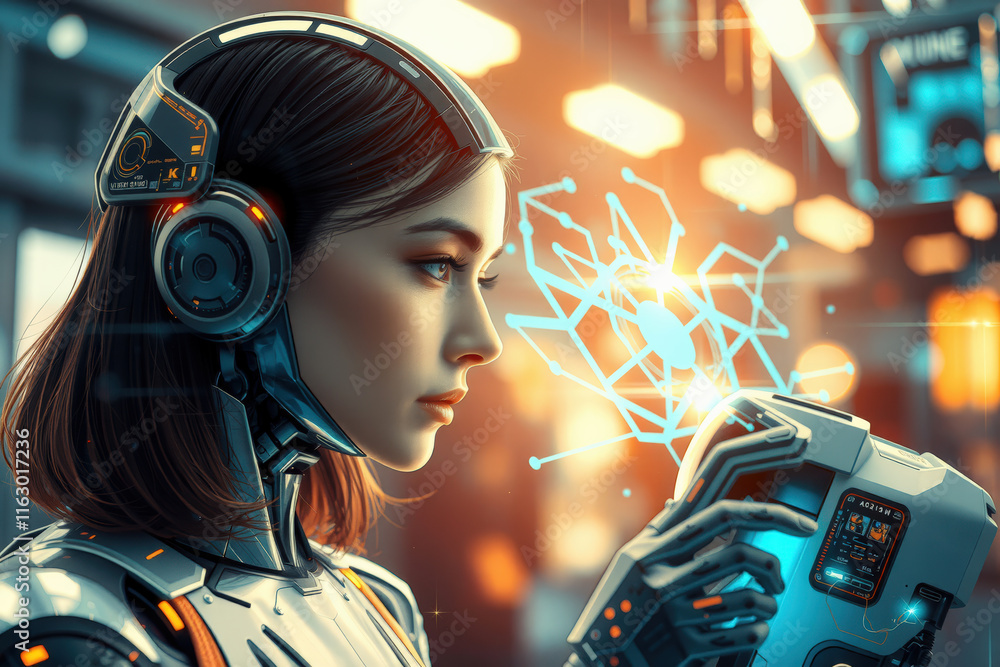 Poster futuristic woman in robotic suit interacts with holographic interface, showcasing advanced technolog