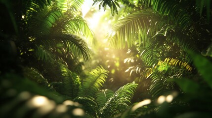 Fototapeta premium Lush tropical foliage bathed in sunlight creates a vibrant jungle scene