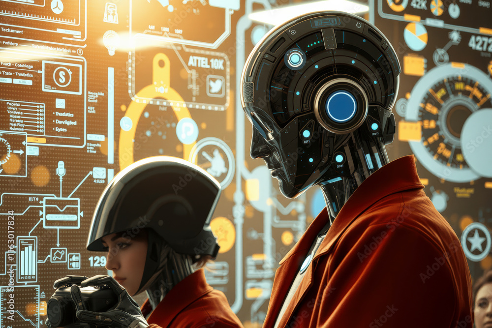 Aufkleber futuristic scene with humanoid robot and person in helmet analyzing digital data on screen, showcasi