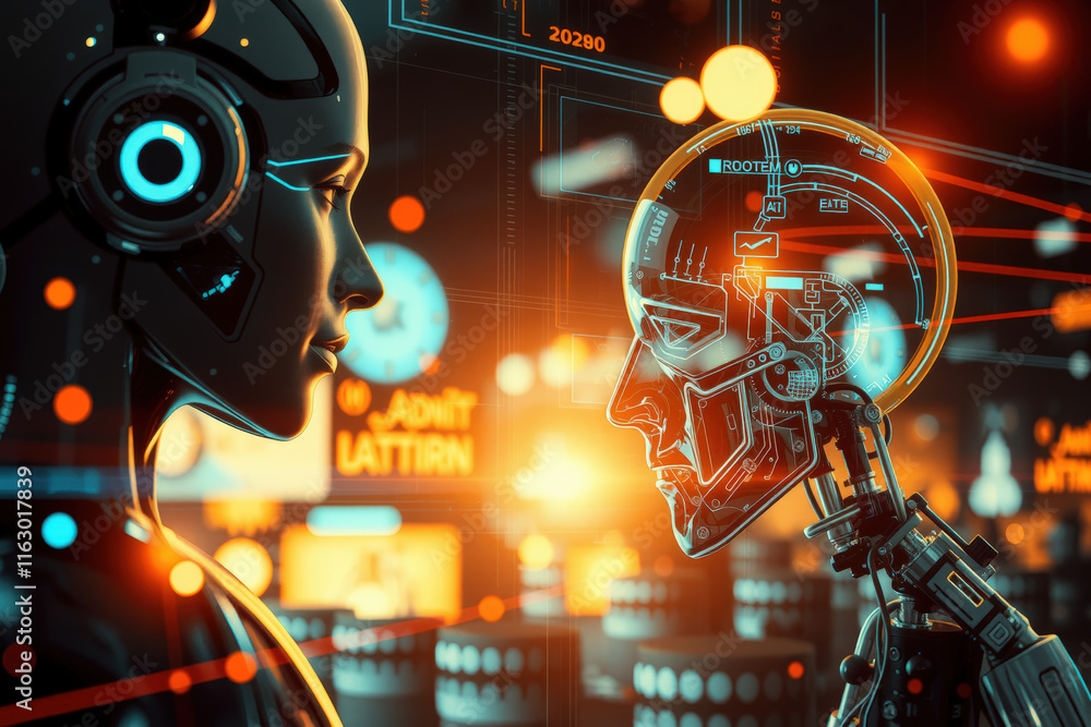 Poster futuristic scene depicts two humanoid robots interacting in high tech environment, illuminated by vi