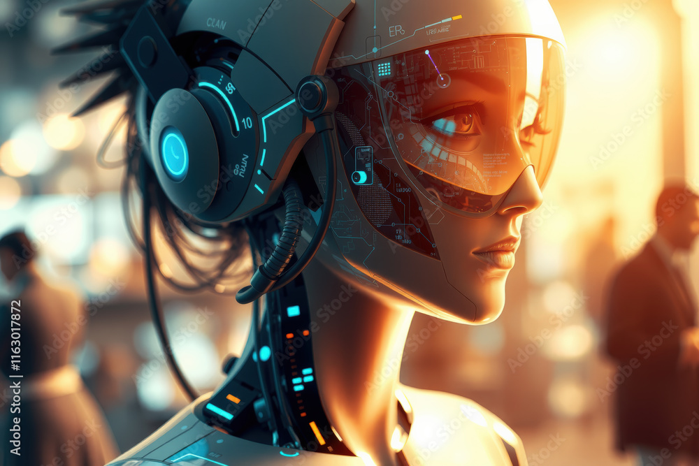 Aufkleber futuristic humanoid robot with transparent visor and intricate circuitry stands in warmly lit enviro