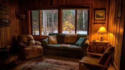 Cozy Cabin Interior with Autumnal View
