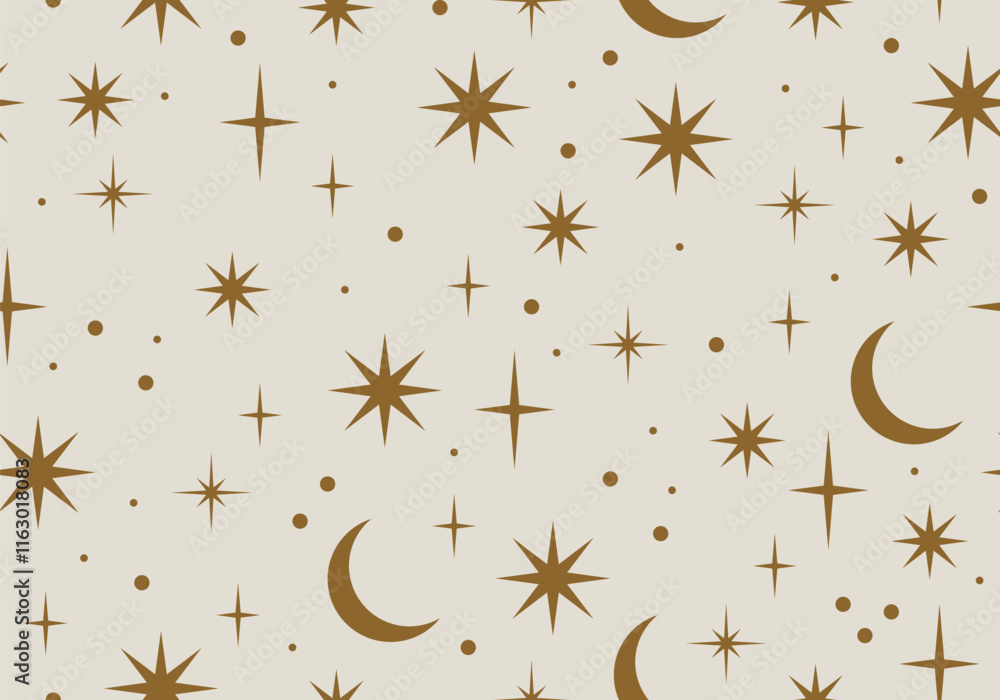 Poster seamless pattern with dream design stars, moon. golden celestial pattern. seamless pattern with cres