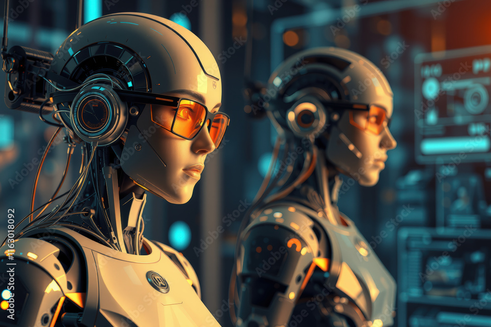Aufkleber two humanoid robots with advanced technology and orange visors stand futuristic control room, showca