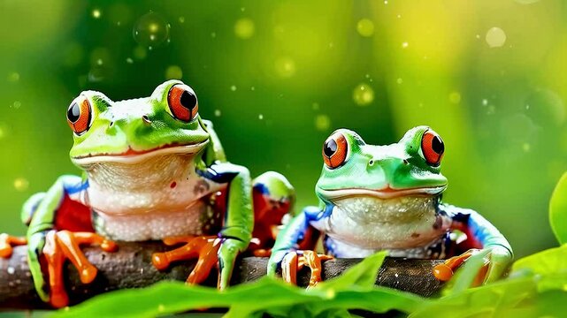two frogs  sitting on  a branch
