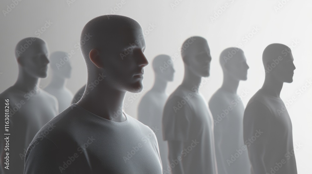 Poster stylized mannequins in a minimalistic space.