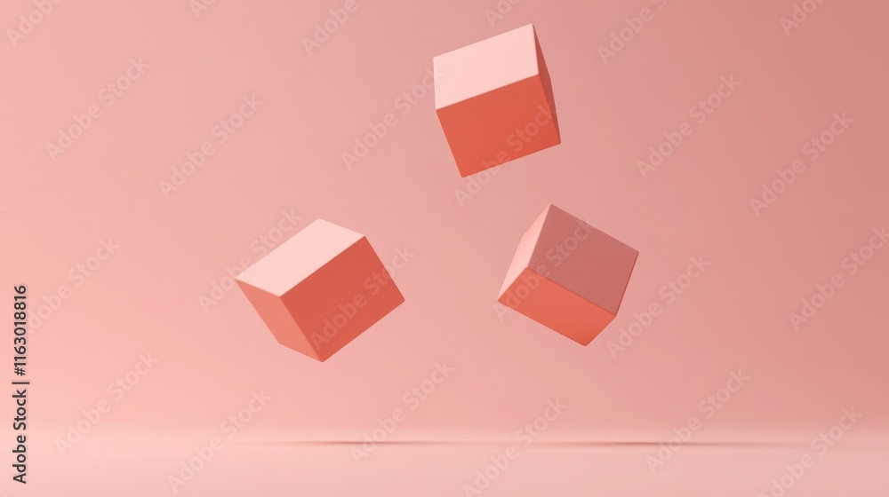 Poster three pink cubes floating in a soft background.