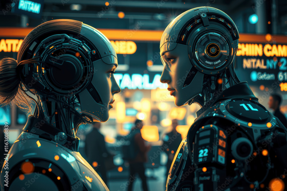 Aufkleber two humanoid robots face each other in futuristic setting, surrounded by glowing lights and digital 