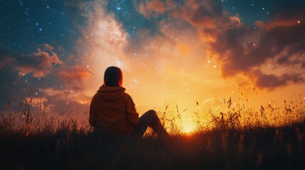 Child gazing at a starry night sky during sunset on a clear evening in a peaceful landscape