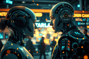 Fototapeta premium Two humanoid robots face each other in futuristic setting, surrounded by glowing lights and digital displays, creating high tech atmosphere